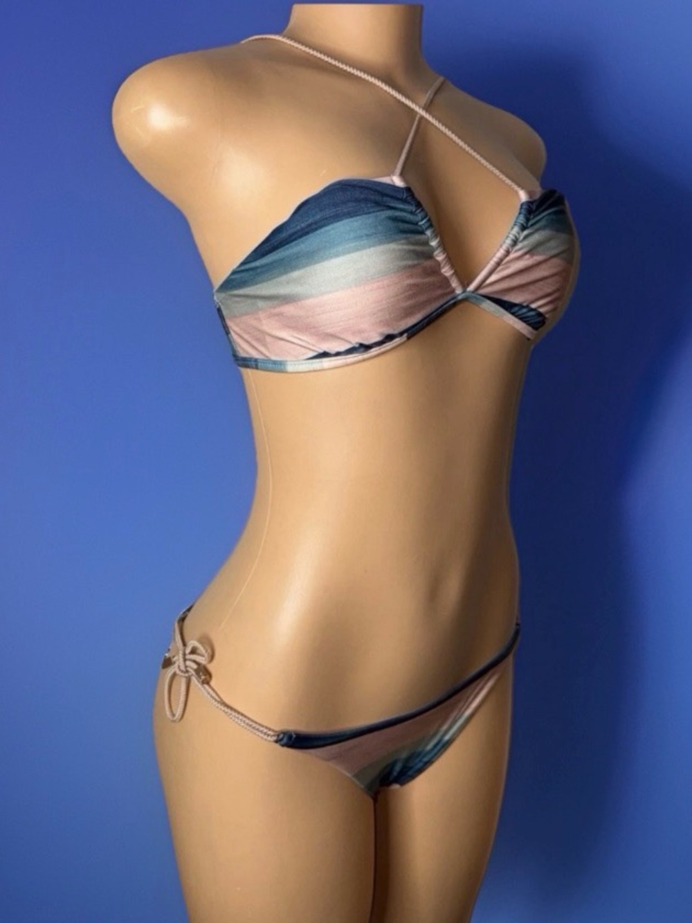 Striped Blue & Pink Tie-Back Bikini Set - Picture 1 of 5